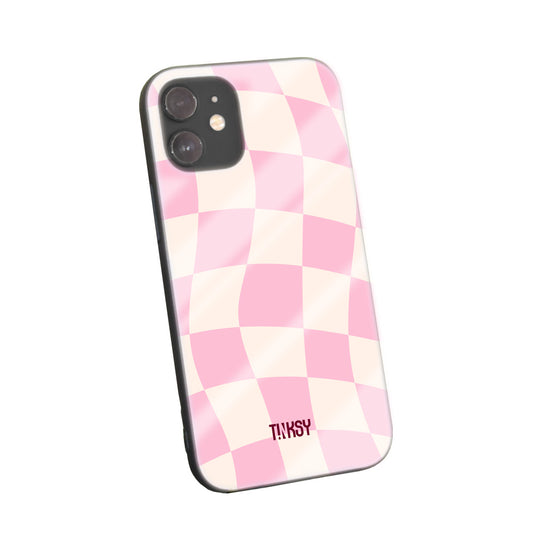 Phone case with a trendy pink and white checkered pattern