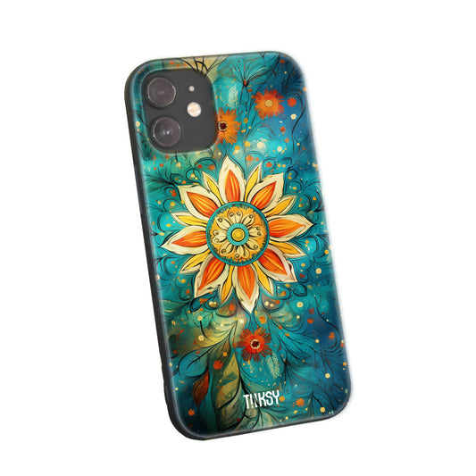 Phone case with a colorful mandala design on a turquoise background