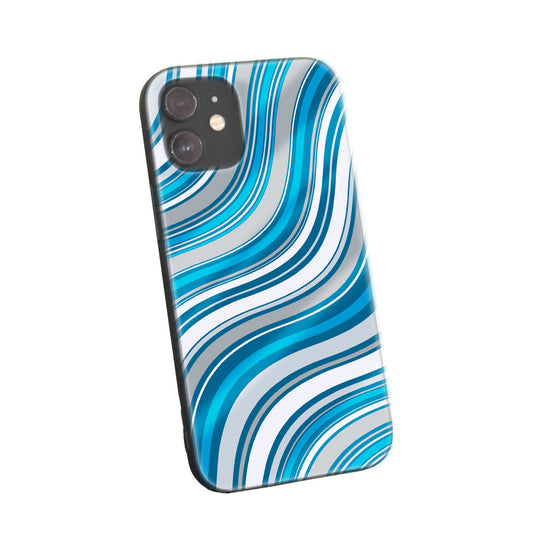 Phone case with a sleek wave pattern in blue and silver hues