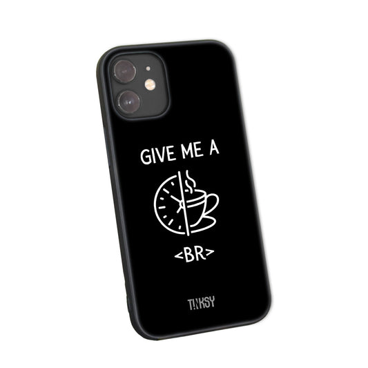 Phone case with a coffee cup and clock illustration and the phrase "Give Me a Break" on a black background