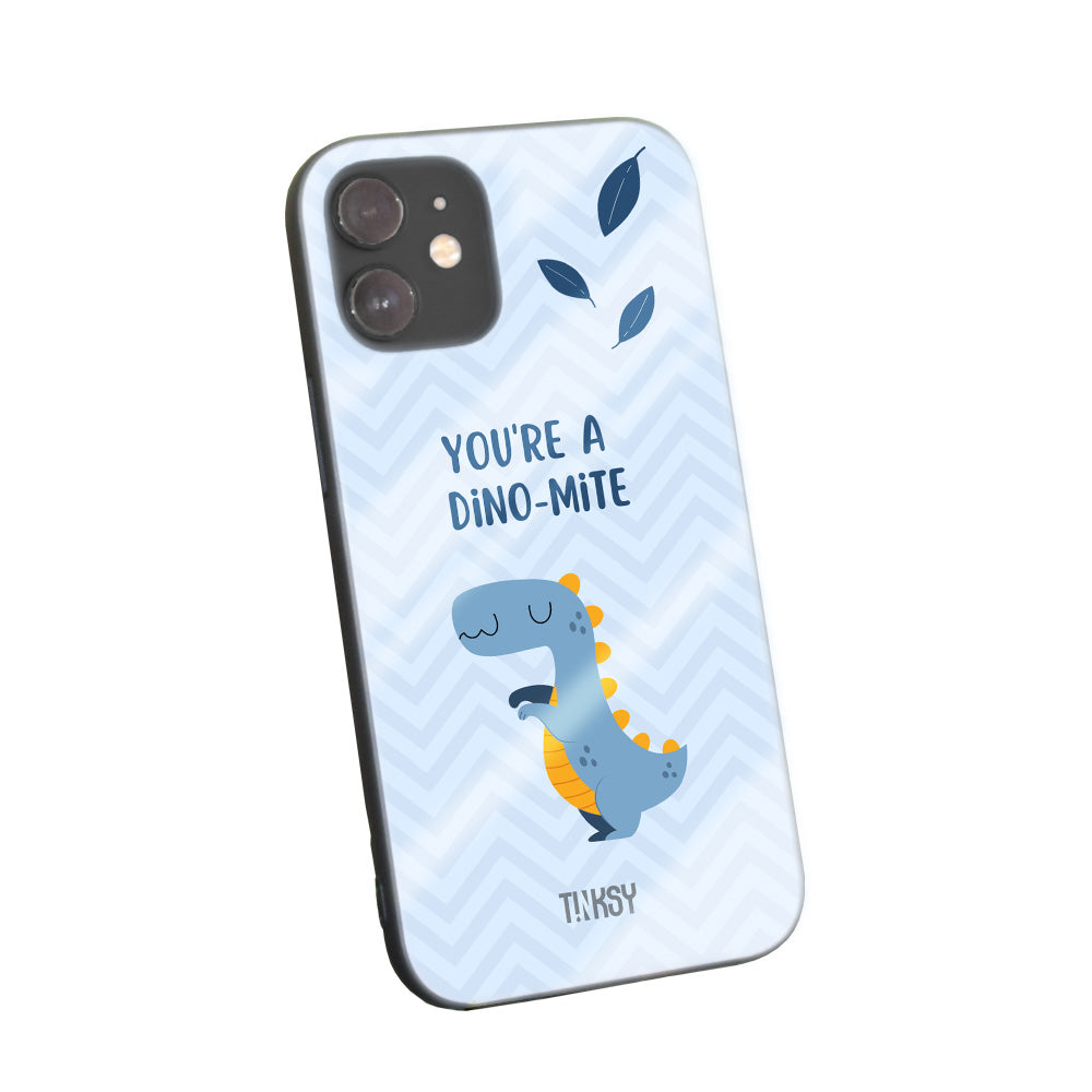 Phone case with a cute blue dinosaur illustration and playful design on a light blue background