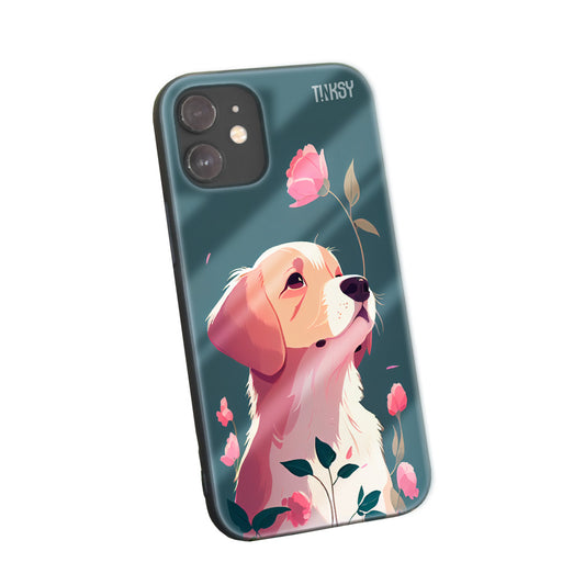 Phone case with an adorable puppy illustration surrounded by flowers on a teal background