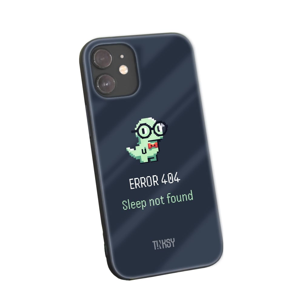 Phone case with a pixelated dinosaur and a humorous "Error 404 Sleep not found" message on a dark background