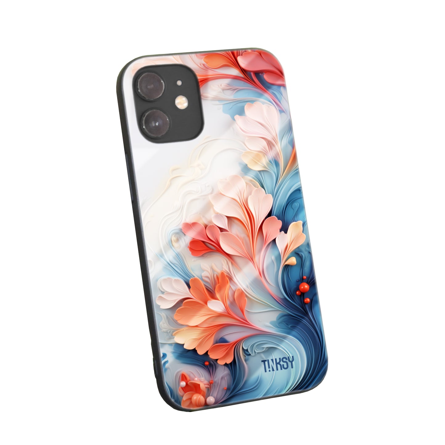 Phone case with a vibrant and intricate floral design in red, blue, and white colors