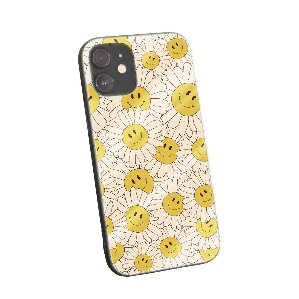 Phone case with cheerful sunflowers with smiley faces on a light background