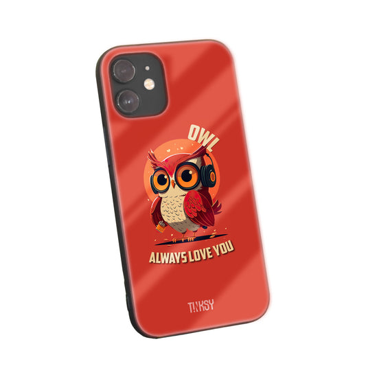 Phone case with an adorable owl illustration and a heartwarming message on a red background