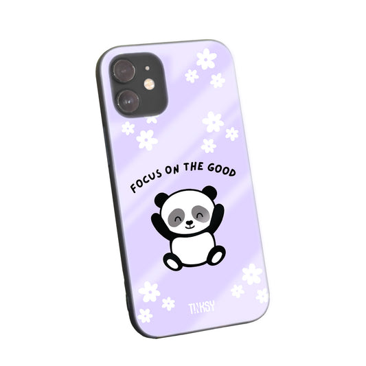 Phone case with an adorable panda illustration and an uplifting message on a light purple background with flowers