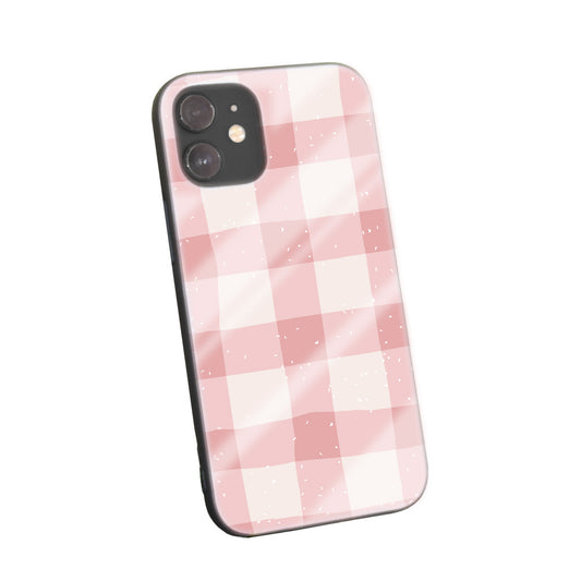 Phone case with a soft pink and white checkered pattern