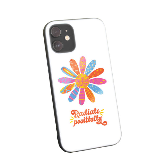 Phone case with a vibrant, colorful flower design and an inspiring message on a white background