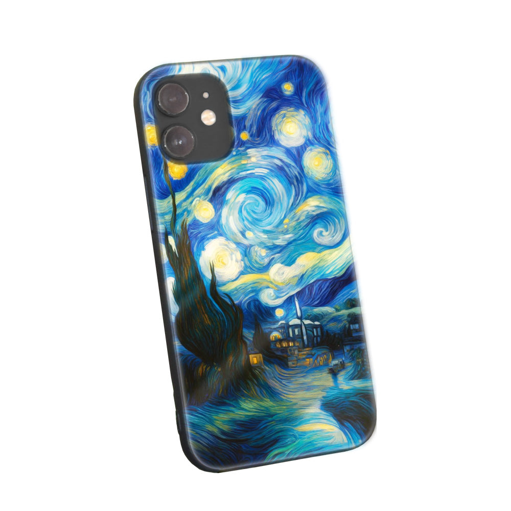 Phone case inspired by the Starry Night painting, featuring a swirl of stars and vibrant colors on a night sky background