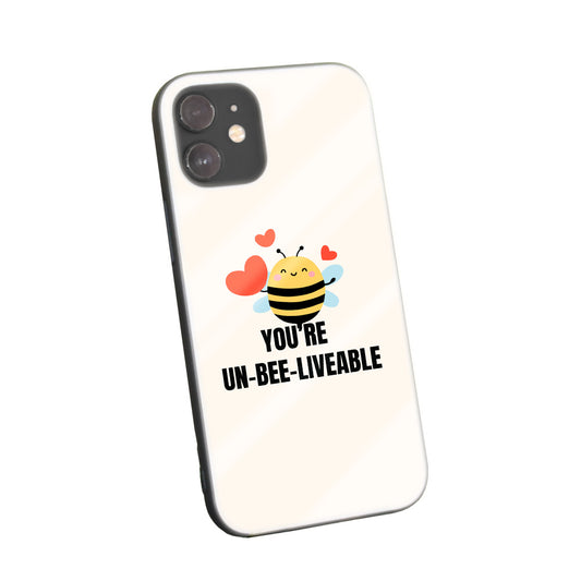 Phone case with a cute cartoon bee and playful heart accents, featuring the text "You're Un-Bee-Lievable"