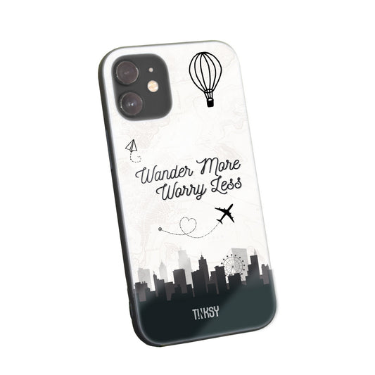 Phone case with an inspiring travel-themed design and the message "Wander More, Worry Less"