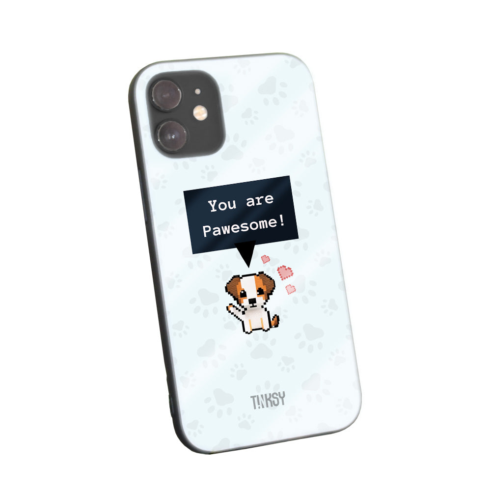 Phone case with a cute pixelated puppy and a fun message on a light blue background with paw prints